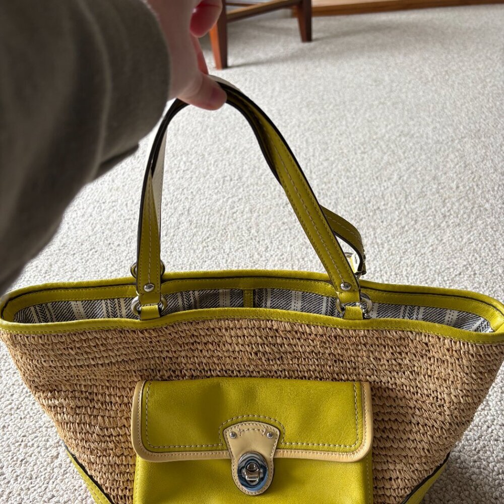 Coach 22904 Vintage Y2K Green Leather + Wicker Raffia Tote Summer Classic Preppy - Picture 4 of 16